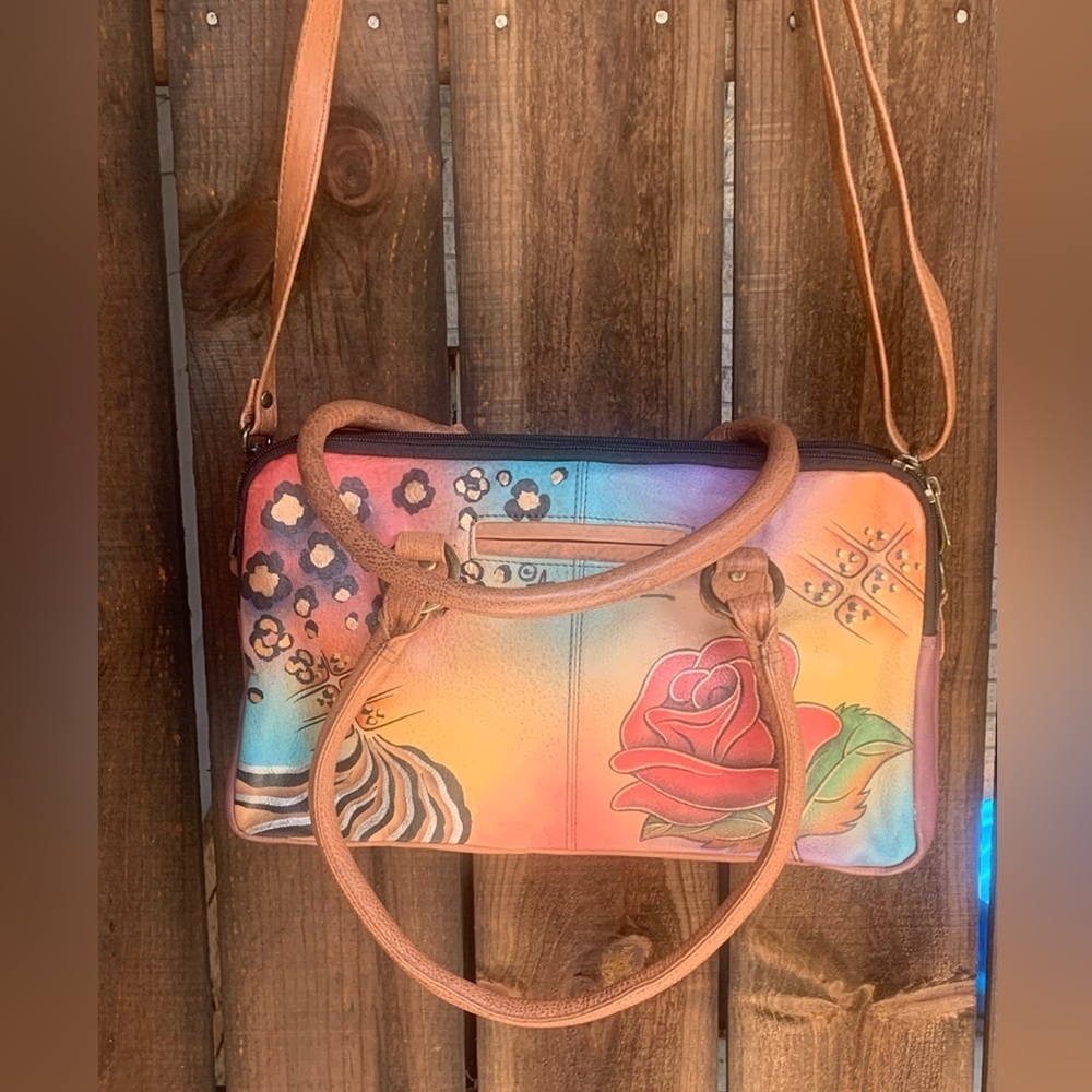 ANUSCHKA Women's Hand Painted Leather Rose Safari Satchel Bag w/ Shoulder Strap - Picture 3 of 11